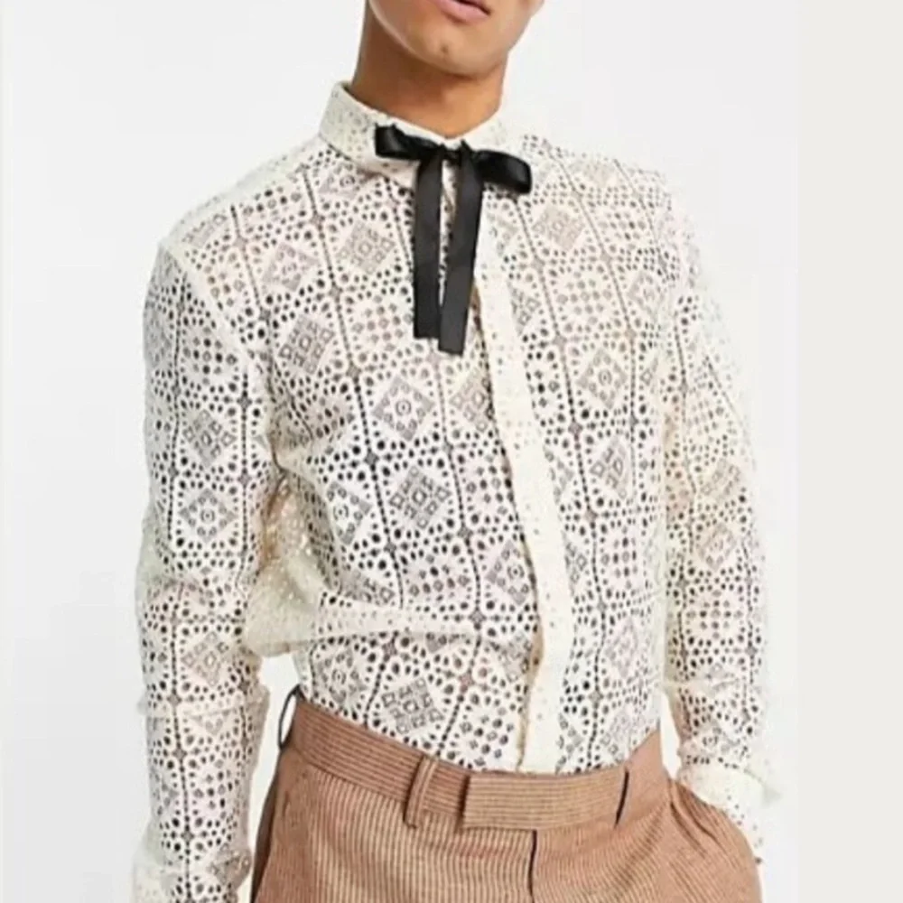 Unisex ASOS Lace Buttondown Shirt Longsleeve Cream Eyelet w/ Ribbon Neck Tie XS - Picture 3 of 7